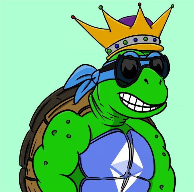 A cartoon illustration shows a muscular green turtle wearing a golden crown, dark sunglasses, a blue bandana, and a blue tank top featuring the EOS cryptocurrency logo.