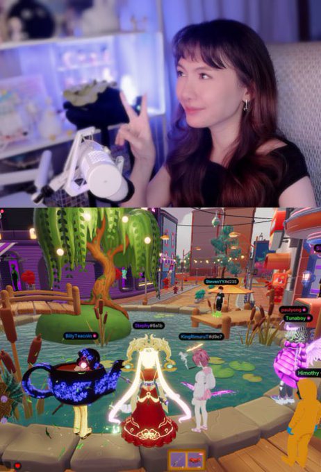 A split-screen shows a streamer on top making a peace sign, with a colorful virtual game world featuring various avatars like 'BillyTeacan', 'Dopeyoffda5k', and 'KingTimaruTradez' standing on a wooden dock below.