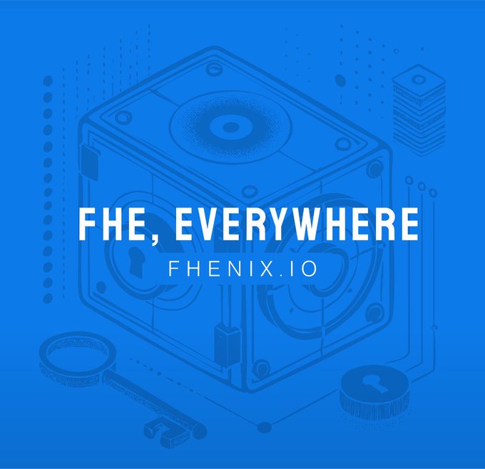 A blue promotional graphic with isometric illustrations of a safe, key, and coins, featuring the text 'FHE, EVERYWHERE' and 'FHENIX.IO'.