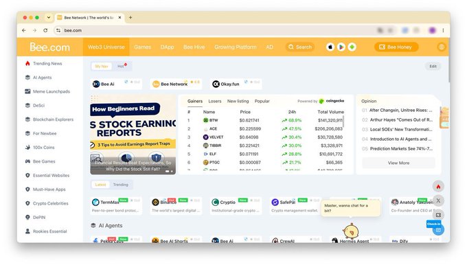Screenshot of the Bee.com crypto/Web3 directory homepage showing trending news, AI agents, meme launches, token gainers (BTW, ACE, VELVET, TRBN, ELF, P10C), and various Web3 categories in the sidebar.