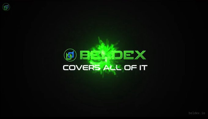 A logo screen displaying 'BELDEX' in green with the tagline 'COVERS ALL OF IT' and 'beldex.io' in the corner, set against a black background with green light effects.