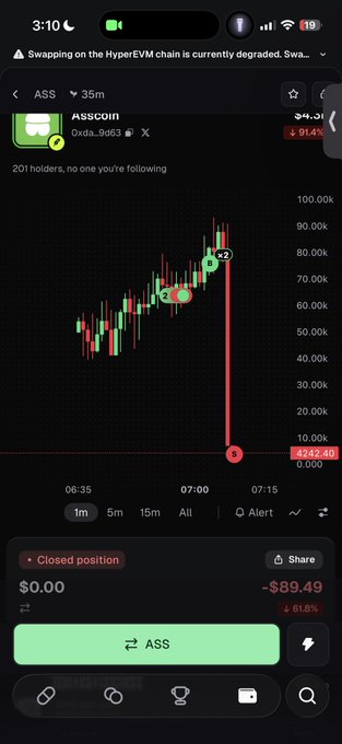 A Robinhood mobile app screenshot displays a trading chart for the $ASS token (contract 0xda...9d63), showing a dramatic price collapse from around $100K down to $4,422.10 with a -91.4% drop. The "Closed position" section reveals a realized loss of -$89.49 (-81.8%), illustrating the poster's complaint about a sudden rug pull on the platform.