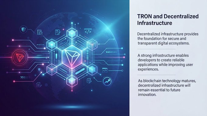 Digital graphic titled 'TRON and Decentralized Infrastructure' featuring a glowing TRON logo within a futuristic, neon-lit hexagonal design, alongside text about secure digital ecosystems and reliable applications.