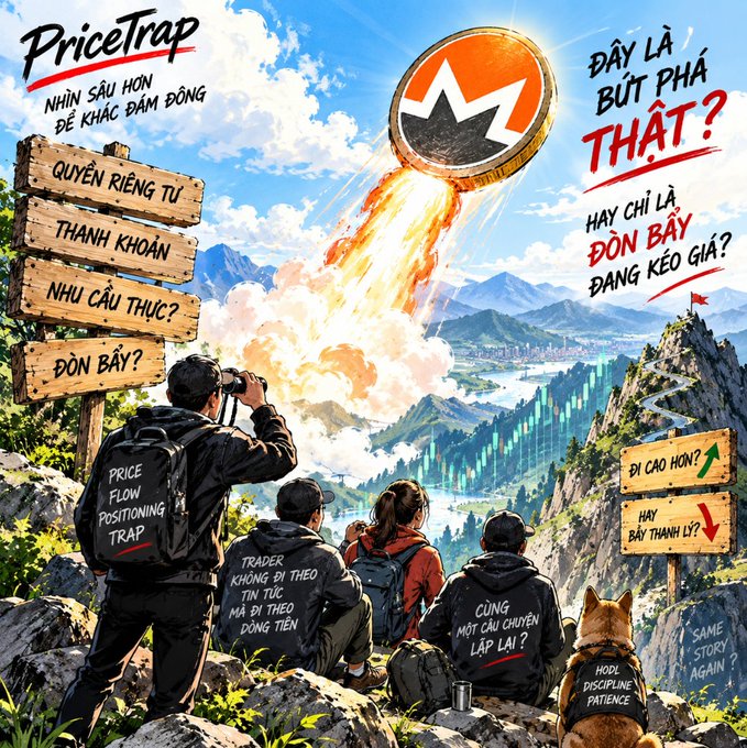 An illustrated trading-themed artwork branded 'PriceTrap' showing hikers observing a Monero (XMR) rocket, with Vietnamese text questioning if a breakout is real or a bull trap, and signs about price flow and positioning traps.