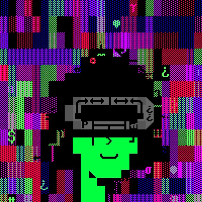 A colorful glitch-art style pixelated portrait featuring a green-skinned character with glasses and dark hair, set against a background of distorted neon patterns, dollar signs, and digital noise.