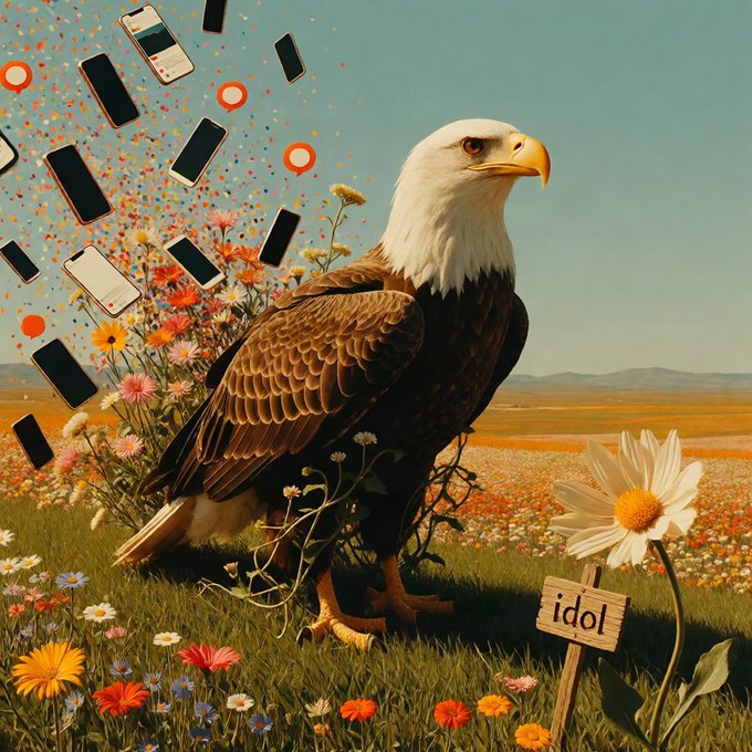 Surreal illustration of a bald eagle in a colorful wildflower field with falling smartphones and location pins, a wooden sign reading 'idol' in the foreground.