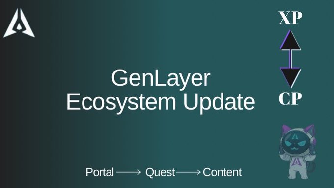 xtp, xpp, and xp icons are displayed on a light blue background with the text "GenLayer ecosystem update" above them.