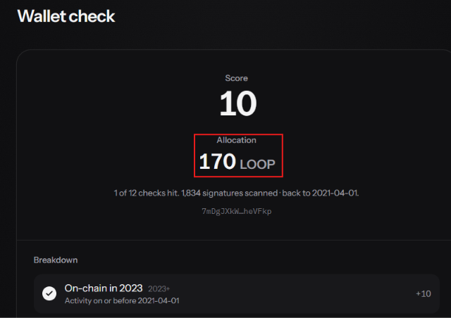 A wallet check screenshot for $LOOP displays a Score of 10 and an estimated allocation of 170 LOOP tokens for the SOLLOOP airdrop, corresponding to the post's claim of checking eligibility for early Solana users before 2021-04-01.