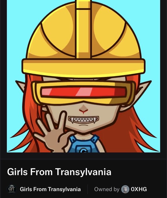 An NFT digital artwork titled 'Girls From Transylvania' featuring a cartoon character with red hair, pointed elf-like ears, a yellow construction helmet, red goggles, and sharp teeth, owned by OXHG.