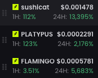 A price ticker showing three meme coins: $SUSHI CAT at $0.001478 (+13.95% in 24H, +112% in 1H), $PLATYPUS at $0.0002291 (+2.176% in 24H, +1.23% in 1H), and $FLAMINGO at $0.0005781 (+5.683% in 24H, +3.51% in 1H). The image relates to the post by displaying the performance metrics of the three tokens mentioned as recently checked out from the Poolsfun factory, highlighting $SUSHI CAT as the standout performer with significant gains amid Sushi's new launchpad competition with Uniswap's Poolstrade.
