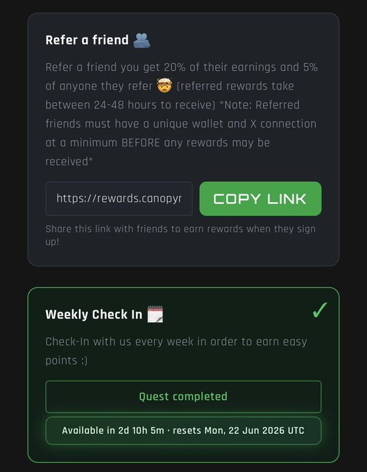The image features a screenshot of a social media platform's user interface that displays two different tabs related to fundraising for the Canopy AI-powered Layer 1 project. The green tab shows an "@CNPYNetwork" point program that allows users to accumulate points by completing quests, engaging with others and referring them to the project. On the other hand, the red tab provides information about a rewards system where users can earn points through various activities or by referring others to the project for rewards. The image includes text, but it does not explicitly depict a caption. To determine the meaning of the image's content, one must refer back to the post or description provided in the screenshot.