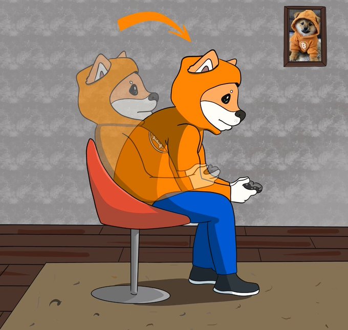 A cartoon illustration shows a Shiba Inu character in an orange hoodie sitting in a red chair playing video games. A faded 'ghost' version of the dog sits behind it, and an orange arrow points to a framed photo of a real Shiba Inu wearing a matching hoodie.