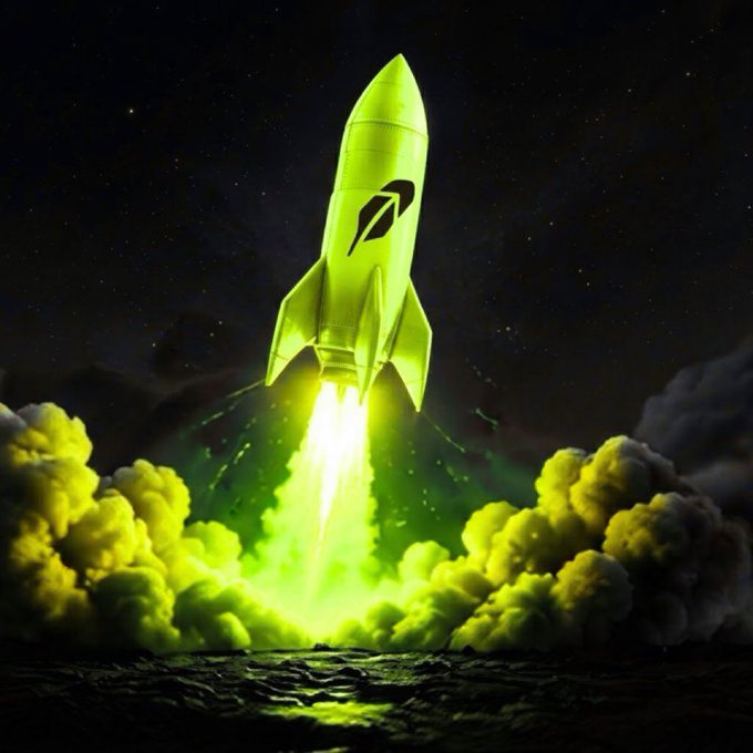 A neon green rocket with a leaf-like logo blasts off through billowing green smoke against a starry night sky.