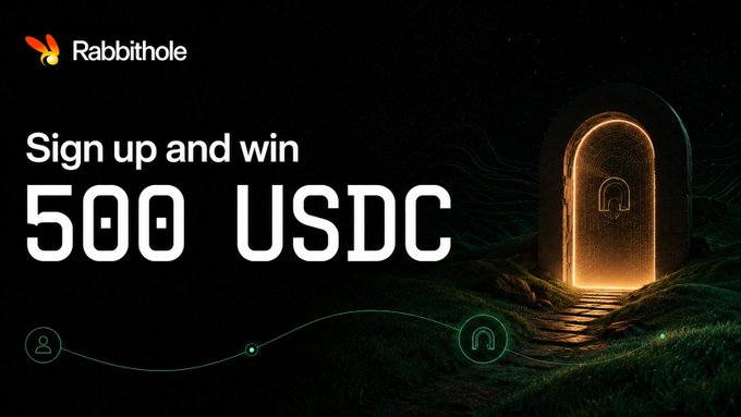 A promotional banner for Rabbithole advertising a sign-up offer to win 500 USDC, featuring an illuminated archway and the tagline to go down the rabbit hole.