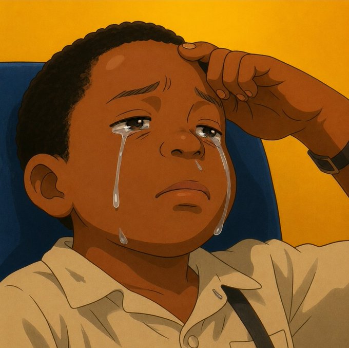 A stylized illustration shows a young Black boy in a white collared shirt with a watch on his wrist, shedding large cartoon-like tears down his cheeks against a warm yellow background. The crying child imagery paired with the post about people benefiting from the author's success evokes a sense of sadness and betrayal, suggesting that despite the boy's apparent support or connection to the speaker's success, others may secretly wish for their downfall.