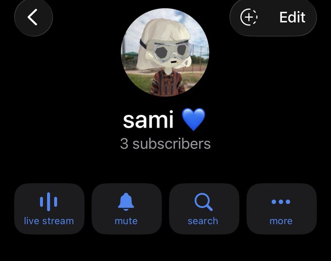 The image shows a profile page for "sami" with a blue heart emoji, displaying 3 subscribers and navigation options for live stream, mute, search, and more. The profile picture features an anime-style avatar with white hair and sunglasses, which aligns with the promotional post inviting viewers to join their Telegram channel @samicooks for "alpha" trading call-outs.