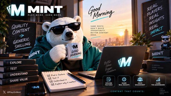 A promotional image for 'Play On Mint' features a bear mascot wearing sunglasses and holding a 'Good Morning' mug, with text promoting quality content and real player insights.
