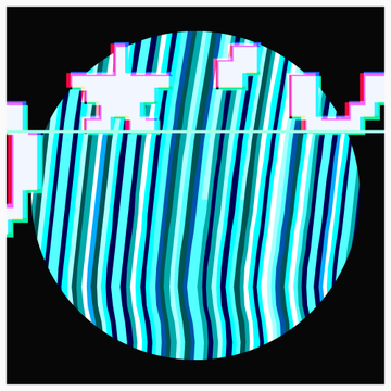 A glitch-art circle with wavy cyan and black vertical stripes against a black background.
