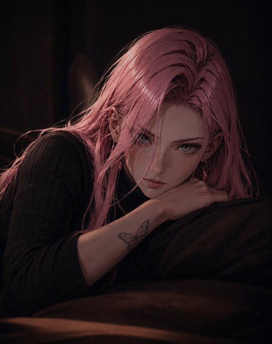 A young woman with long pink hair rests her chin on her hand, displaying a butterfly tattoo on her forearm against a dark background. The intimate, contemplative pose aligns with the post's theme of privacy and personal trust, visually reinforcing Beldex's message of secure, private communication.