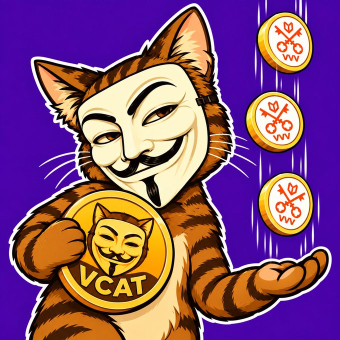 A cartoon illustration of a cat wearing a Guy Fawkes mask, holding a gold coin with a cat face emblem and the text 'VCAT', with three additional VCAT coins floating on the right side against a purple background.