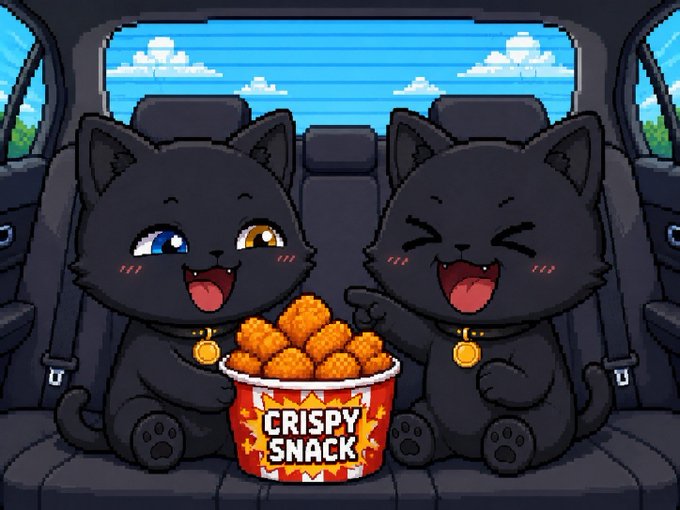 The image features two black cats sitting inside a car, with one of them holding a bucket filled with crispy snacks. The scene also includes a post about Infernet, which seems unrelated to the main subject matter.