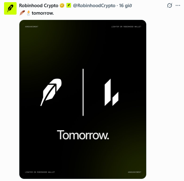 A tweet from Robinhood Crypto (@RobinhoodCrypto) featuring a dark green graphic with the Robinhood feather logo and an 'L' separated by a line, with the text "Tomorrow."