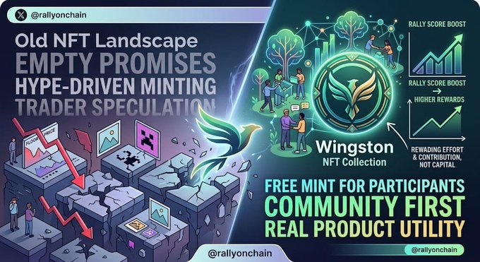 A split graphic contrasts the broken "Old NFT Landscape" of empty promises and hype-driven speculation with the vibrant new "Wingston NFT Collection," advertising free minting, community focus, and real product utility, with handles @rallyonchain and a "Rally Score Boost" featuring upward charts for higher rewards. The image visually reinforces the post's cautionary tale of costly, hype-driven NFT failures by juxtaposing crumbling speculative projects against a utility-driven, community-first alternative.