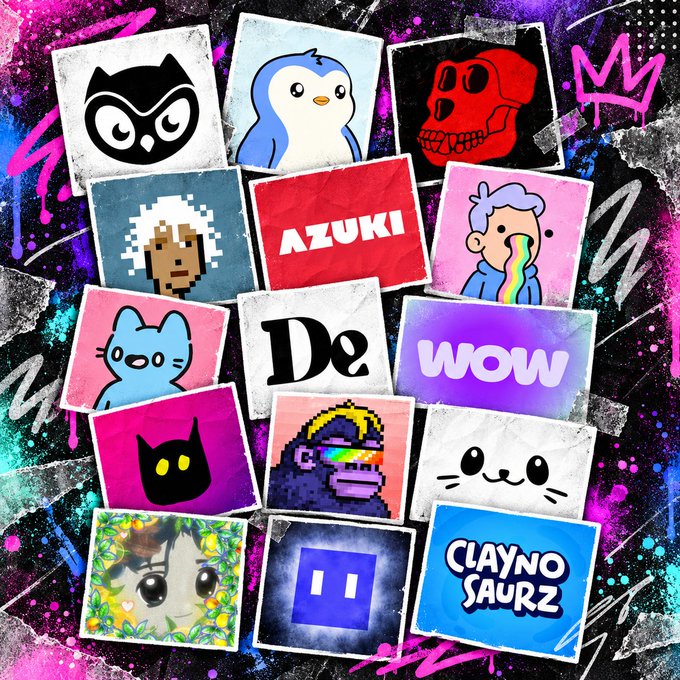 A colorful collage of NFT-style avatars and logos including an owl, 'De' (Dee), 'AZUKI', 'WOW', and 'CLAYNO SAURZ', set against a graffiti-style background with pink and purple splashes.