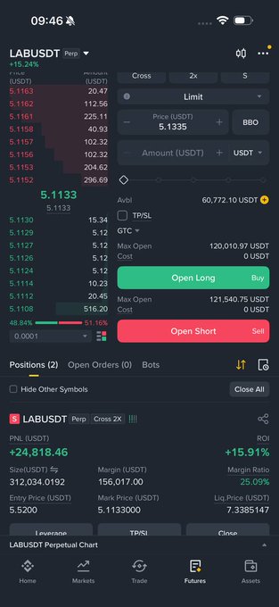 The image shows a phone screen with a stock trading app that displays a financial dashboard, including stock symbols such as LabusDT and USDT. One of the features being shown is the price change over time for these stocks along with options like open long or short positions. The phone's camera appears to be focused on this display, providing the viewer with more details about the trading app and its interface.