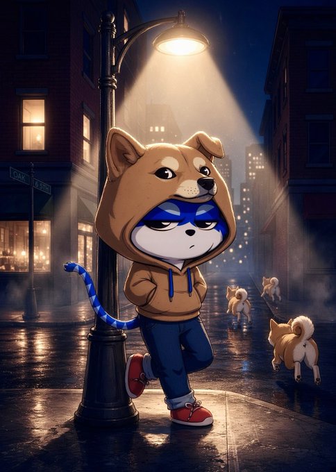 An animated illustration shows a Shiba Inu dog wearing a Shiba Inu-themed hoodie and blue mask, standing under a glowing streetlight on a rainy city street at night with other small dogs nearby.