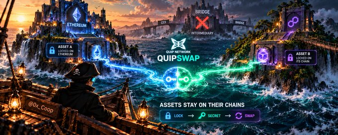 A fantasy-themed illustration advertising Quip Network's QuipSwap, a cross-chain swapping service. It shows assets staying on their chains (Ethereum locked on left, Polygon locked on right) while being secretly swapped via a bridge in the middle.