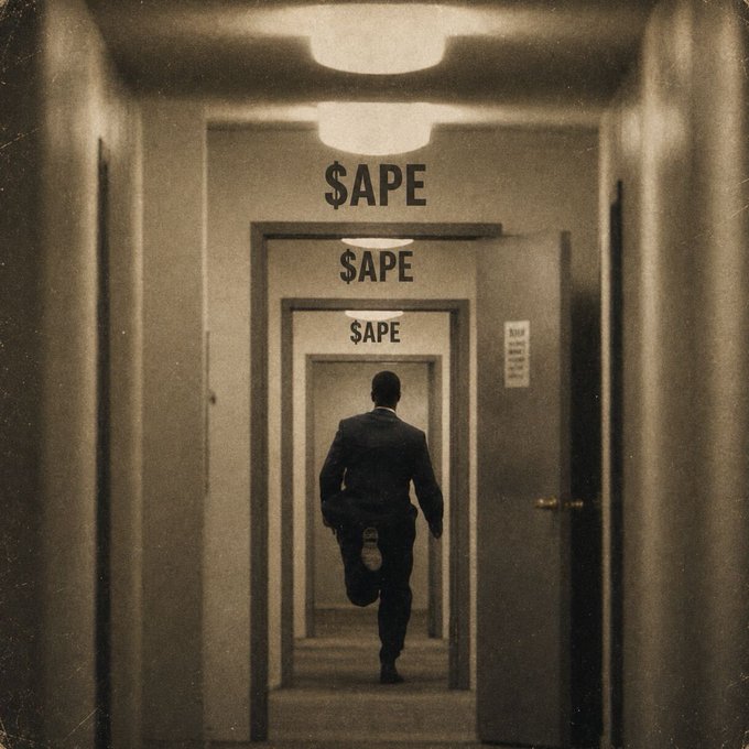 A man in a suit runs down an endless hallway with doorways overhead repeatedly labeled "$APE," echoing the post's declaration of running through walls for the $APE ticker.