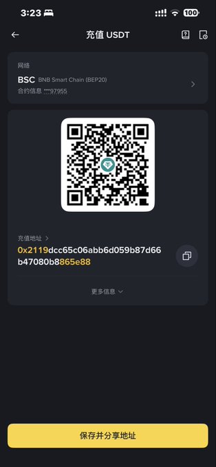A mobile app screen for depositing USDT shows a QR code and a BSC (BNB Smart Chain BEP20) wallet address beginning with '0x2119dcc65c06abb6dbd059b87d66b47080b8865e88'.