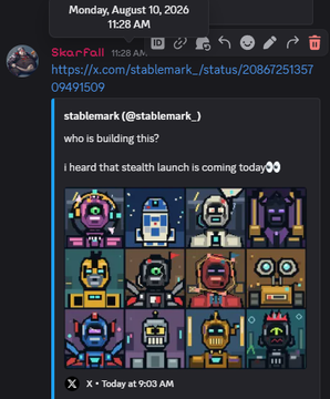 A Discord chat screenshot showing messages from 'Ska.rFoll' and 'stablemark' about a 'stealth launch', accompanied by a grid of pixel-art robot avatars.