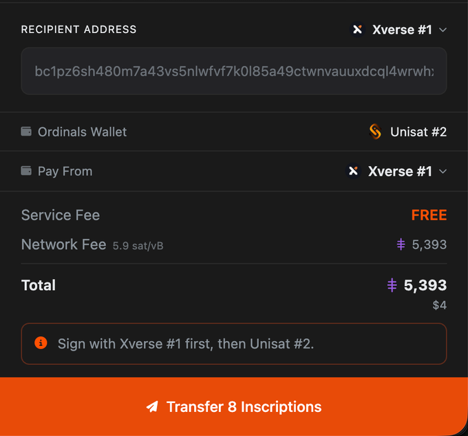 The image shows a screen displaying a payment form for transferring inscriptions from one wallet to another, with network fees included. The text suggests that users can transfer inscriptions without having to maintain multiple wallets or pay for each transaction. This feature allows users to focus on their payments and avoid the hassle of managing multiple accounts.