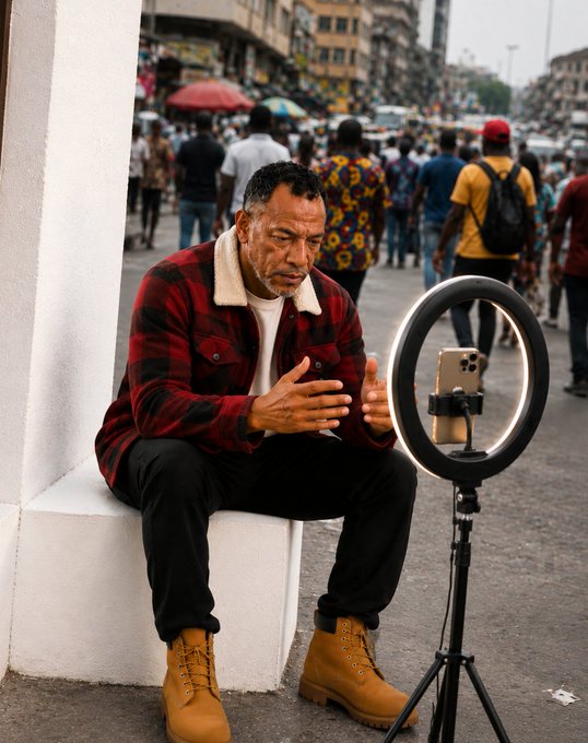 A man wearing a red and black plaid jacket and tan boots sits on a white ledge in a crowded street, speaking into a smartphone mounted on a ring light tripod.