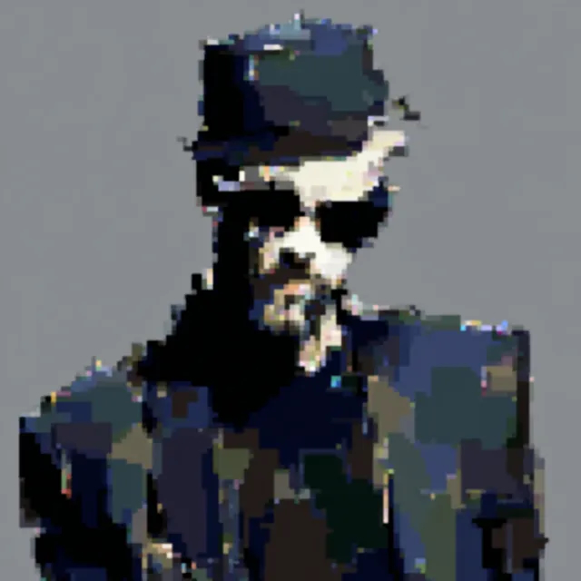 A highly distorted, pixelated silhouette of a person wearing a hat and dark sunglasses against a gray background, with heavy digital artifacts and color blocking.