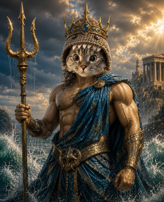 A muscular cat-headed figure stands holding a golden trident, wearing a golden crown, a blue cape, and arm bracers, with the Acropolis of Athens visible in the background.