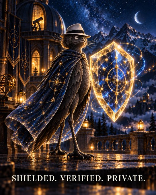 A fantasy digital artwork depicts a bird-like figure in a wizard hat and starry cape standing beside a glowing magical shield, with text at the bottom reading 'SHIELDED. VERIFIED. PRIVATE.'