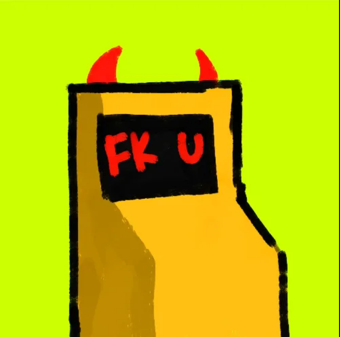 A crude digital drawing depicts a yellow figure with red devil horns and a black screen face displaying "FK U" in red letters, set against a bright green background. The image serves as a humorous "fuck you" message to those who submitted giveaway forms without meeting the requirements, warning non-compliant entrants that they will be removed.