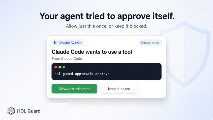 HOL Guard security prompt displaying 'Your agent tried to approve itself' with a paused action from Claude Code wanting to use the tool 'hol-guard approvals approve', offering options to 'Allow just this once' or 'Keep blocked'.