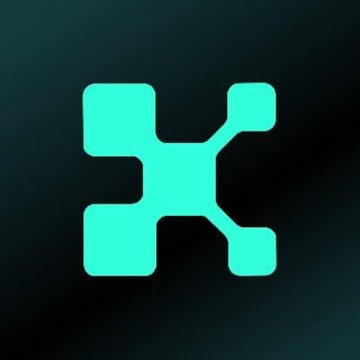 A glowing teal icon resembling a stylized network or cryptocurrency symbol is displayed against a dark background.