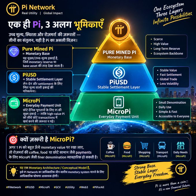 An infographic for Pi Network titled 'एक ही Pi, 3 अलगा भूमिकाएँ' detailing a three-layer ecosystem of Pure Mined Pi, PiUSD, and MicroPi.