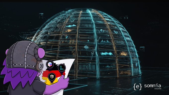 A purple mascot character wearing a helmet holds a German flag-themed paper while looking at a glowing digital dome structure labeled 'somnia' in the corner.