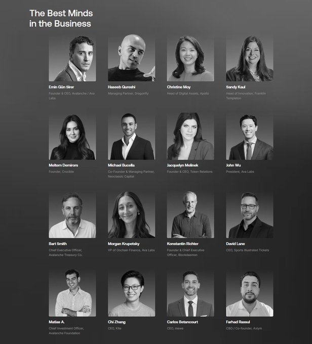 A grid titled "The Best Minds in the Business" showcases headshots of 16 prominent figures in blockchain and tech—including Emin Gün Sirer (Avalanche CEO), Haseeb Qureshi (Dragonfly), Christine Moy (Apollo), and Sandy Kaul (Franklin Templeton)—serving as a speaker lineup for the Avalanche Summit NYC, billed as a "Champions League of Blockchain" gathering.