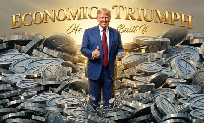 Donald Trump stands surrounded by XRP cryptocurrency coins, with "Economic Triumph" and "He Built It." text above him. This image visually represents the post's claim about President Trump's vision for America as a crypto capital.