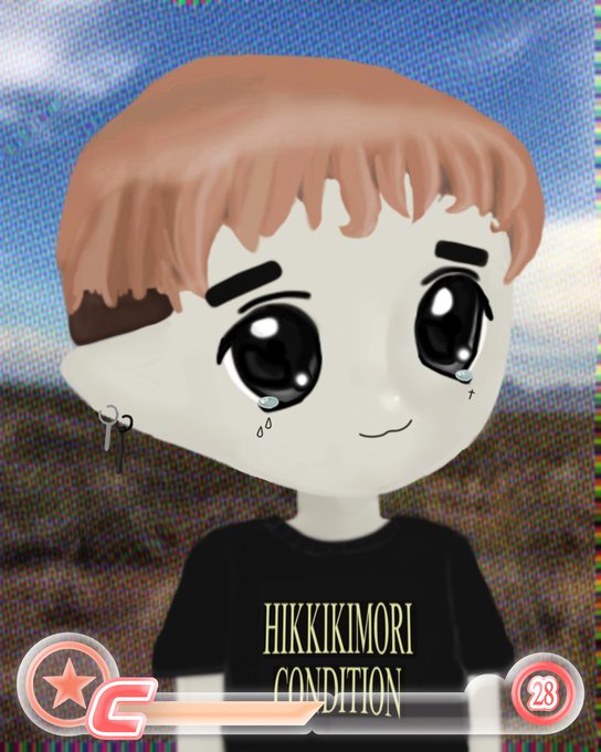 A stylized cartoon avatar with peach-colored hair, large teary eyes, and a small smile wears a black shirt reading "HIKKIKOMORI CONDITION," set against a grainy landscape background with a "C" logo and "28" badge—visually playing on the "milady meme" through its cute, melancholic chibi aesthetic that matches the reference to the popular internet image trend.
