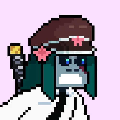Pixel art character portrait of a blue-skinned figure with dark hair, a teal jacket, and an eyepatch, set against a light purple background.