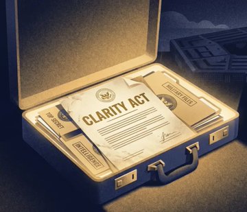 A briefcase is shown open displaying documents labeled "CLARITY Act" and other related paperwork, with a small office building visible in the background. The image visually represents the stalled legislative push for the CLARITY Act, symbolizing the regulatory limbo that has prompted the SEC under Chair Paul Atkins to advance its own "Regulation Crypto" proposal as a contingency plan.