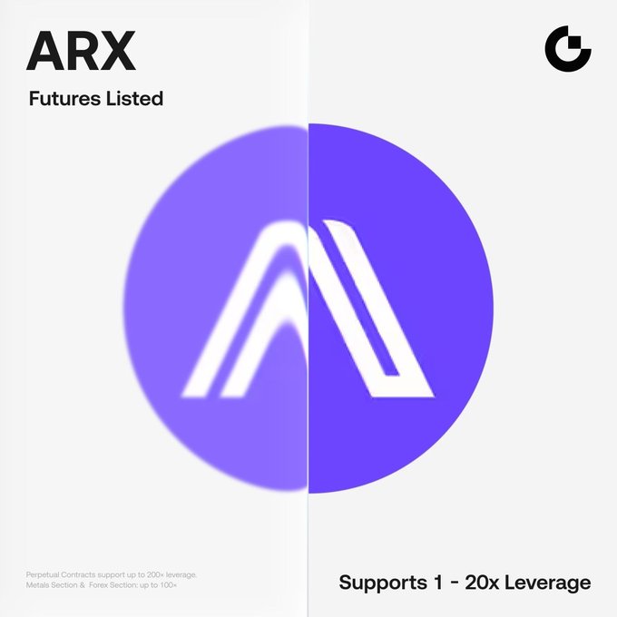 The image shows a poster for ARX Futures Trading Pairs, which supports trading pairs with up to 20x leverage. The poster features an illustration of the ARX logo inside a circle divided into two sections - one in purple and the other in white.